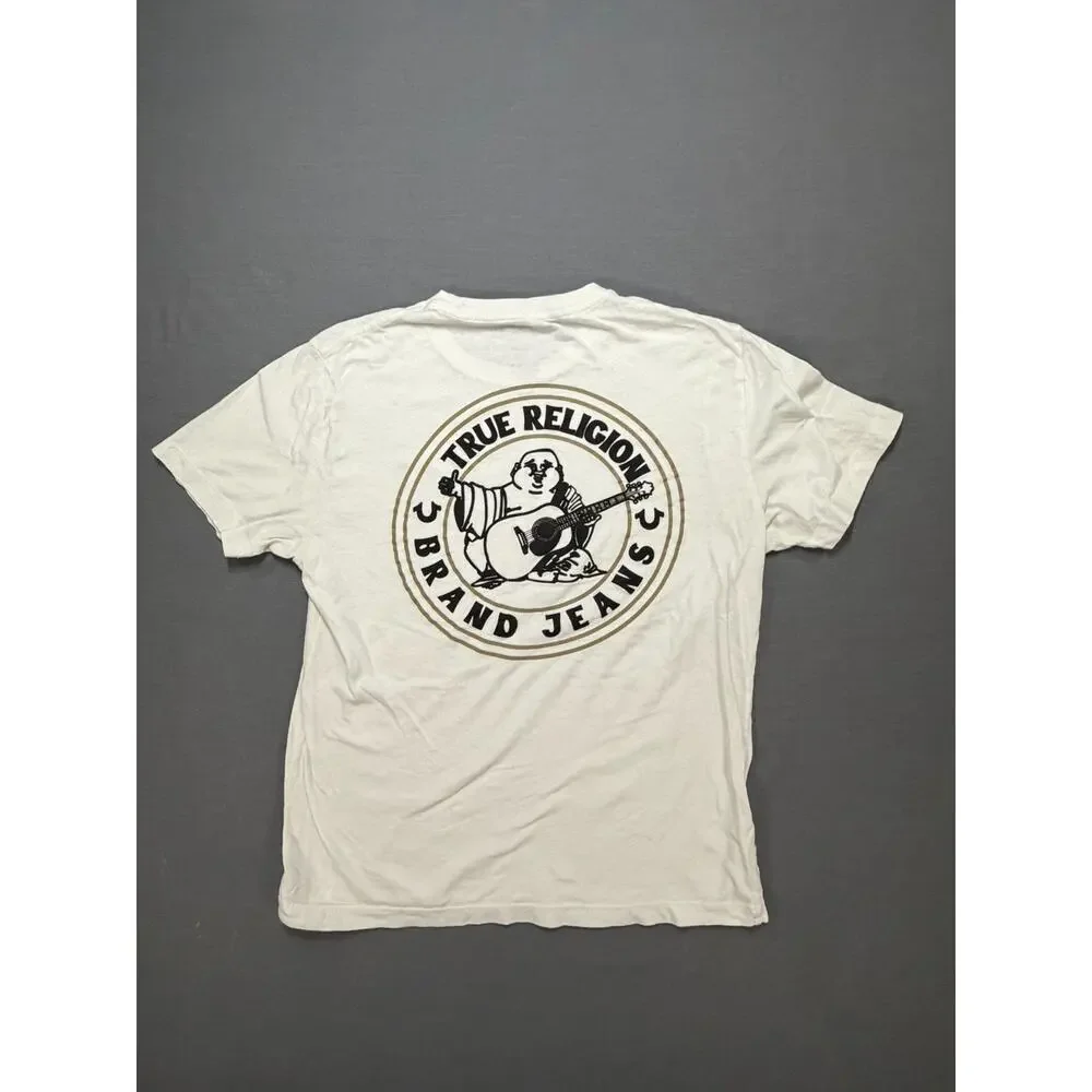 True Religion Men's Medium White Buddha Guitar Back Graphic T-Shirt 106224